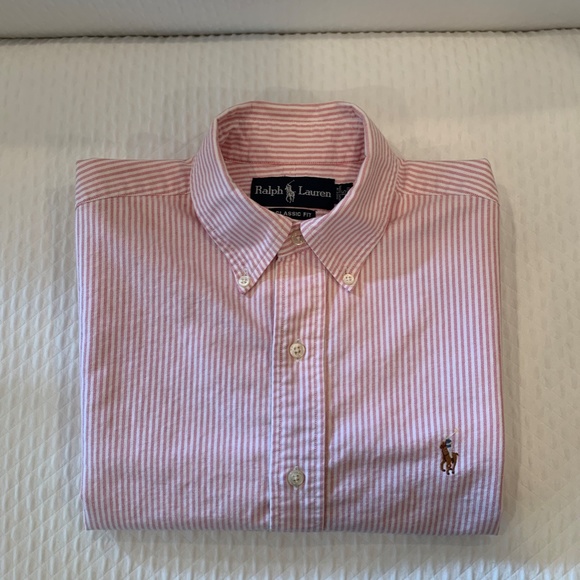 Ralph Lauren Pink White Striped Cotton Classic Fit Long Sleeve Shirt 15/32-33 - Picture 9 of 9